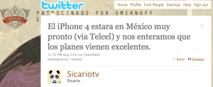 Tweet de @SicarioTV anunciando Telcel a las 12:32 del 23 de Agosto
